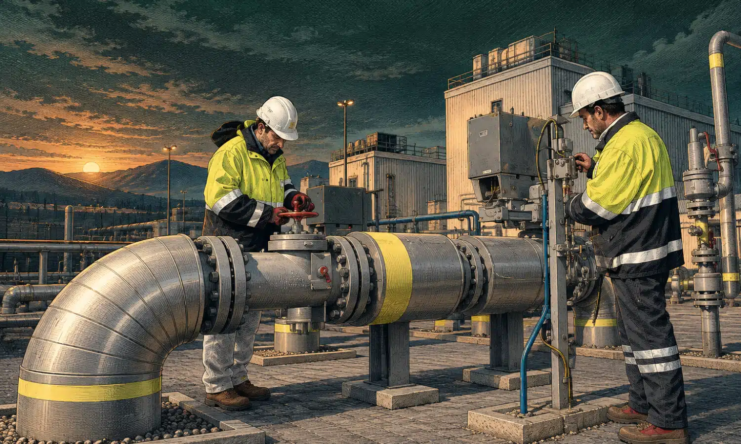Illustrazione di due operatori presso una condotta e una valvola in un impianto gas.