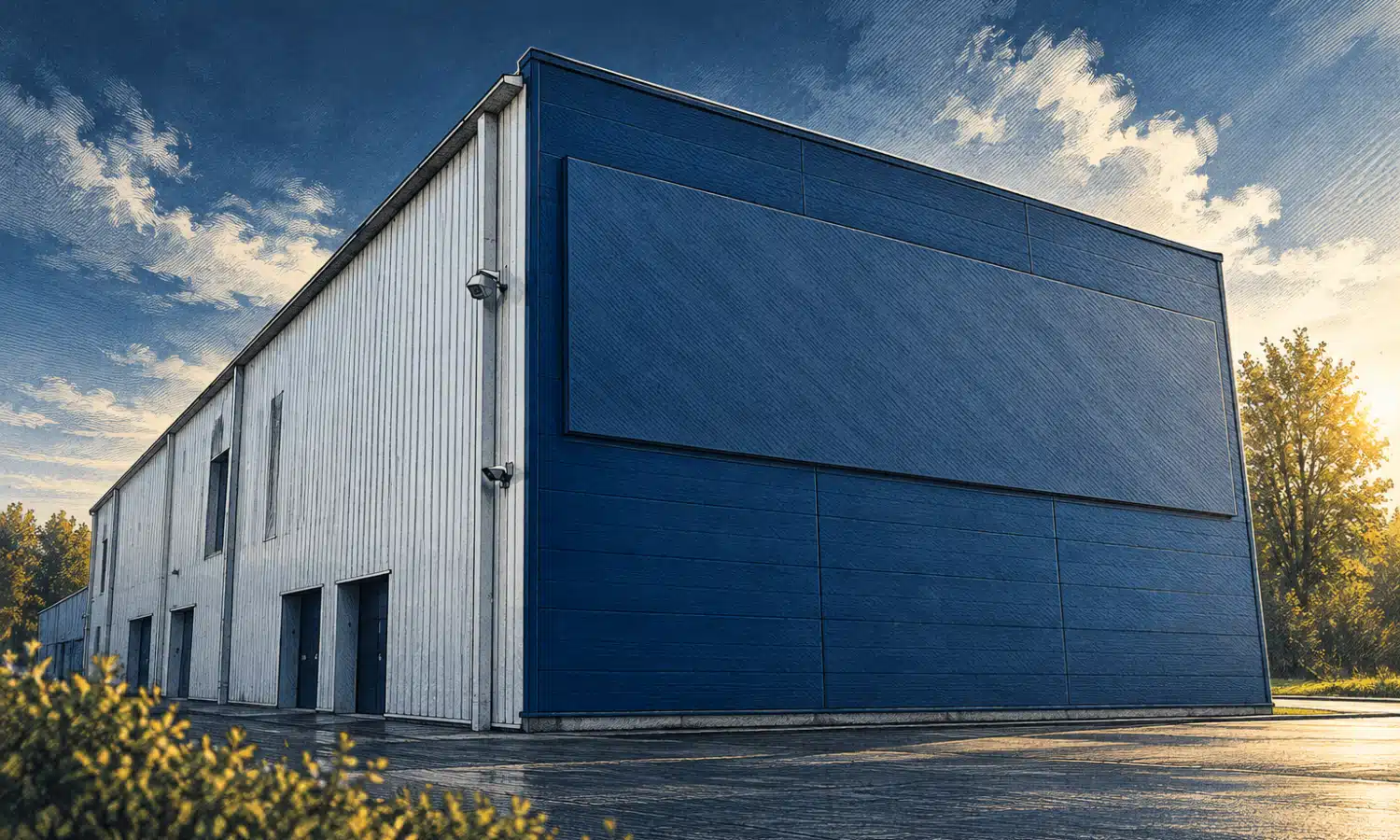 Illustrazione di un grande stabilimento industriale inattivo, ispirato al sito Stellantis di Douvrin.