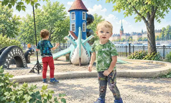 Due bambini giocano con calma in un’area giochi all’aperto, in un’illustrazione sullo studio delle nuove regole nelle scuole dell’infanzia di Stoccolma.