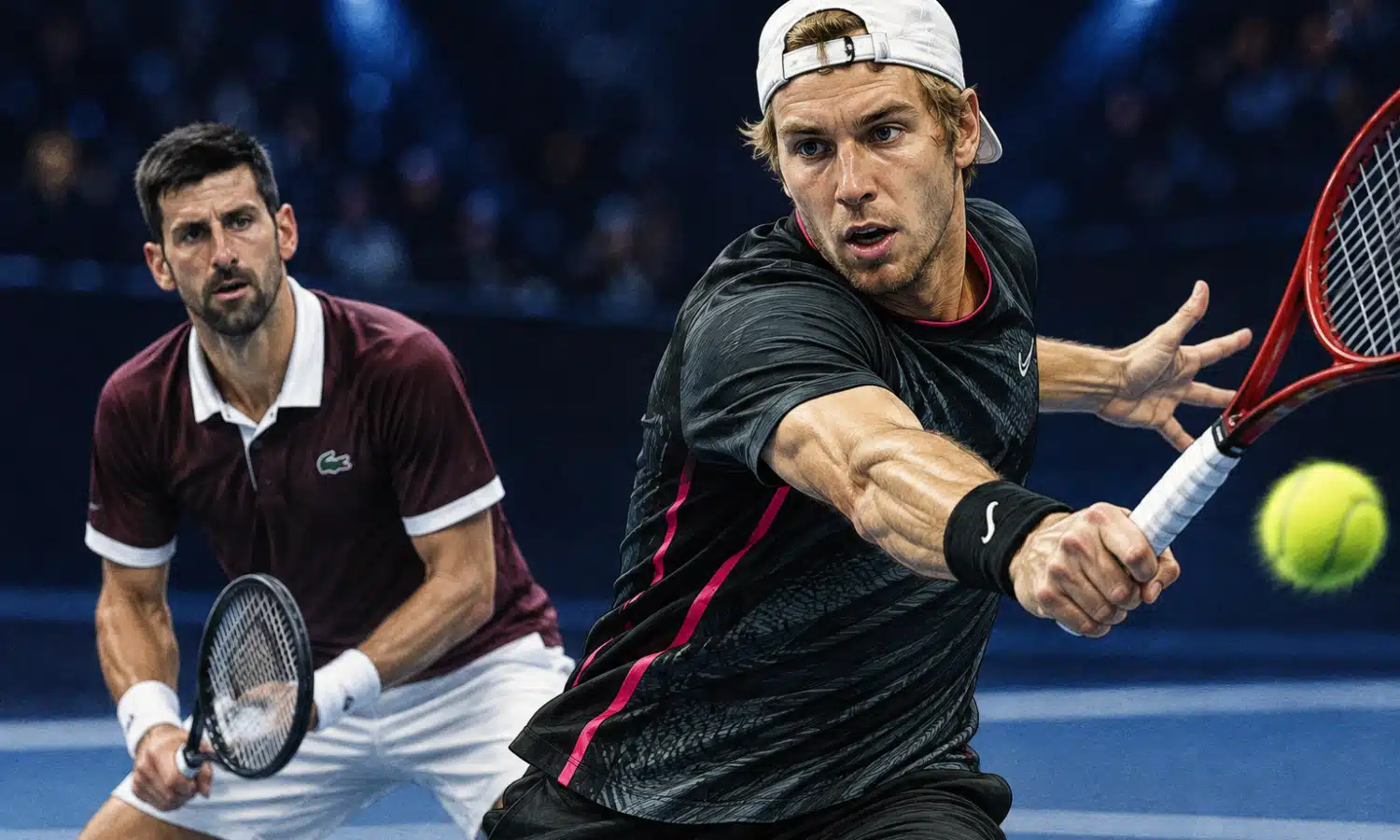 Illustrazione editoriale di Jan-Lennard Struff in primo piano con la racchetta e Novak Djokovic sullo sfondo di un campo da tennis.