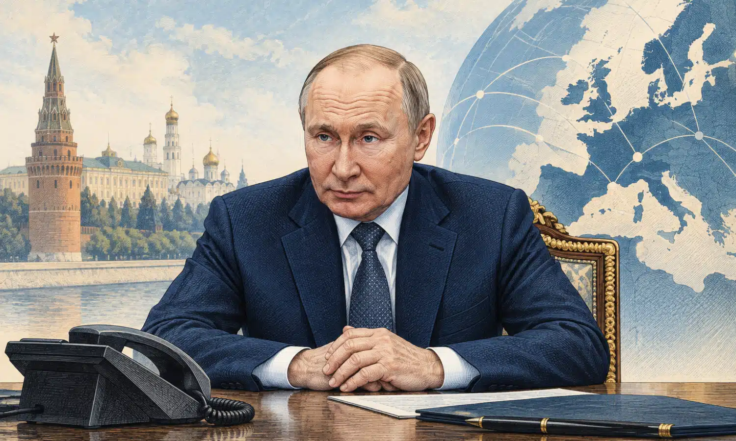Ritratto editoriale di Vladimir Putin ispirato alla foto di riferimento, con un telefono diplomatico in primo piano.