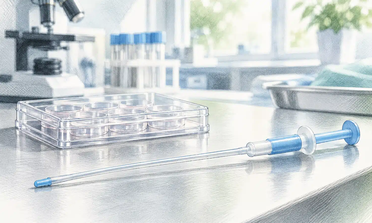 Illustrazione editoriale di un catetere per inseminazione intrauterina e di una piastra da laboratorio su un piano di lavoro chiaro.