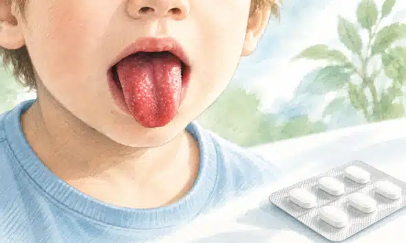 Illustrazione editoriale di un dettaglio anonimo della bocca di un bambino e di un blister farmaceutico separato su fondo chiaro.