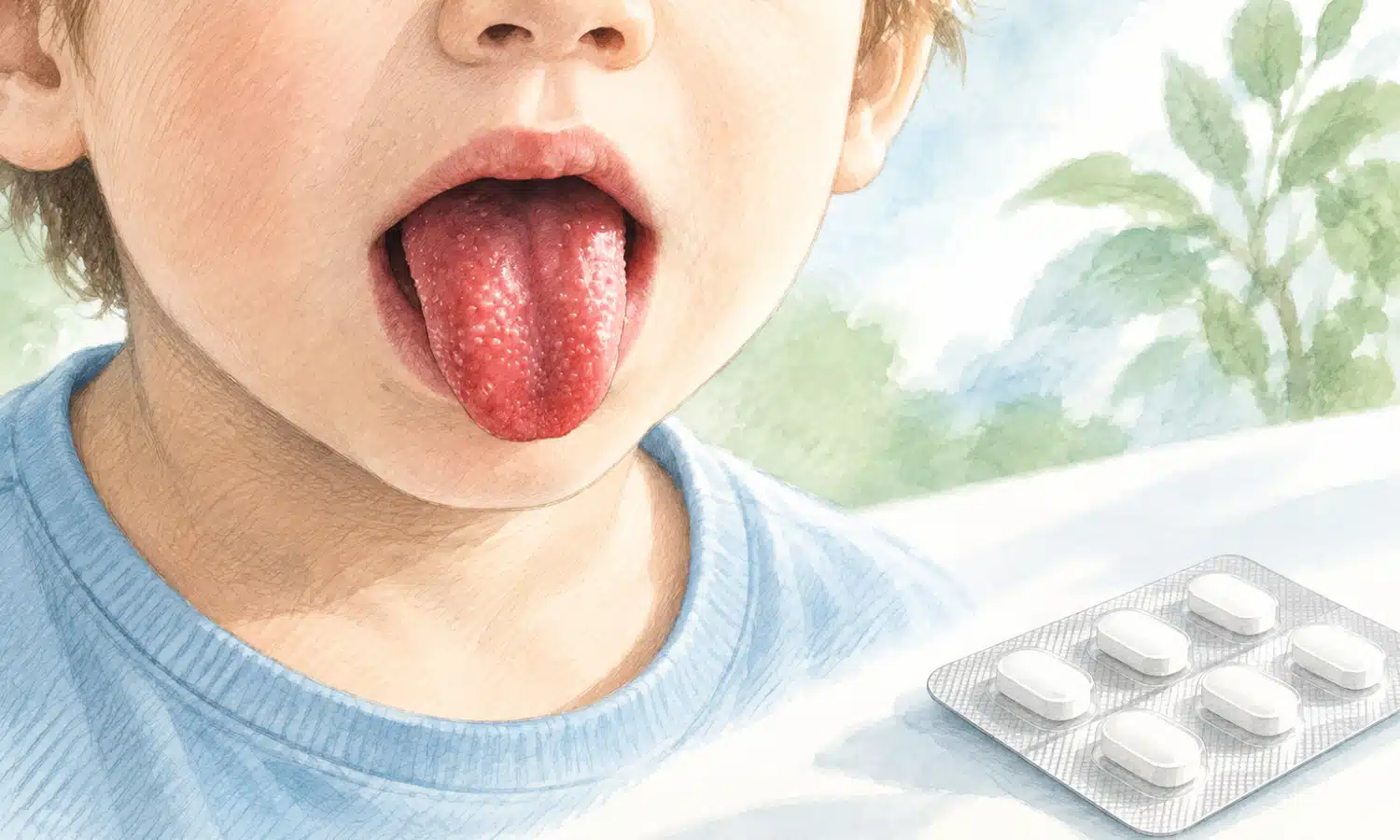 Illustrazione editoriale di un dettaglio anonimo della bocca di un bambino e di un blister farmaceutico separato su fondo chiaro.