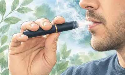 Una mano porta alla bocca un dispositivo per tabacco riscaldato, in un’illustrazione dai toni verde salvia e azzurro.