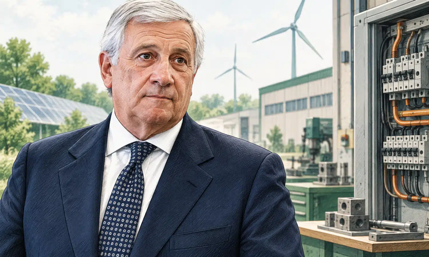 Ritratto illustrato di Tajani davanti a un piccolo ambiente produttivo con un quadro elettrico sullo sfondo.