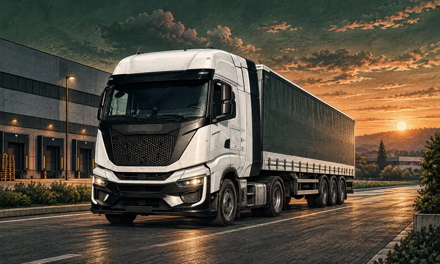 Illustrazione di un camion per il trasporto merci davanti a un contesto industriale essenziale.