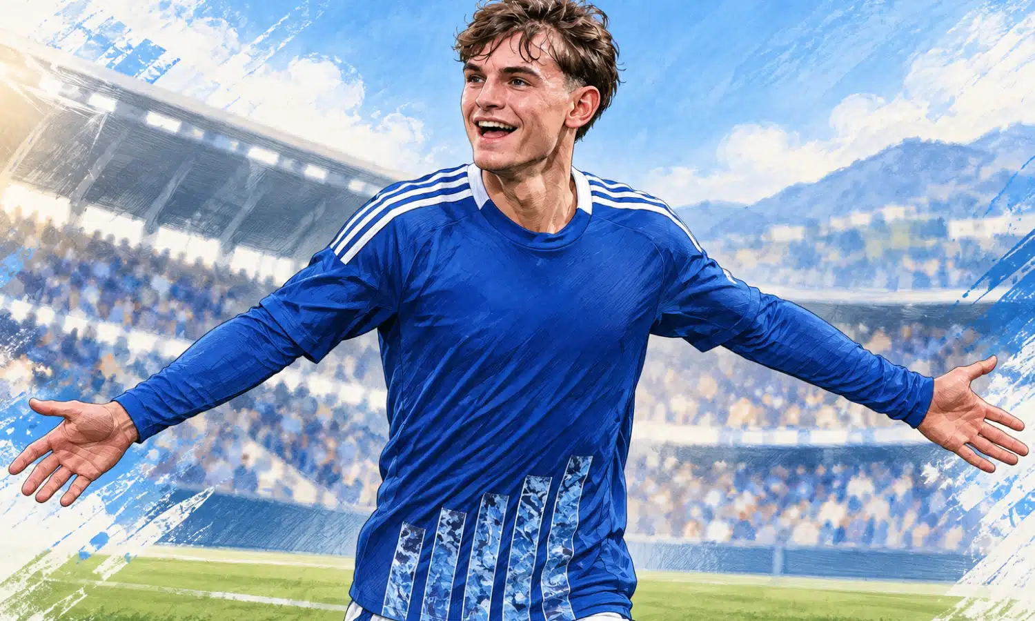 Illustrazione di un calciatore in maglia blu del Como, con le braccia aperte davanti a uno sfondo chiaro che richiama le tribune di uno stadio.