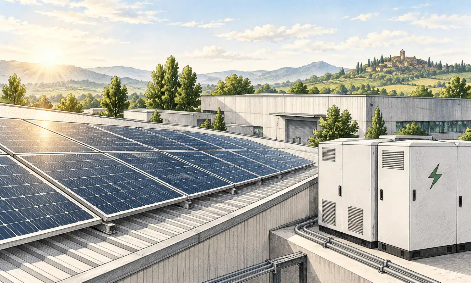 Illustrazione di pannelli fotovoltaici sul tetto di un’impresa accanto a un sistema industriale di batterie.
