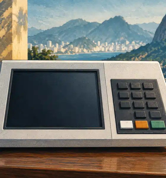 Illustrazione di un’urna elettronica elettorale su uno sfondo essenziale.