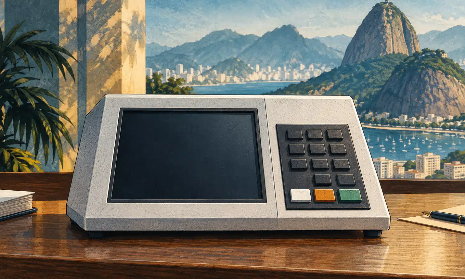 Illustrazione di un’urna elettronica elettorale su uno sfondo essenziale.