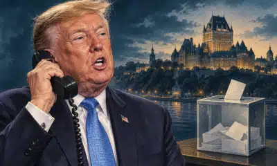 Ritratto editoriale di Donald Trump accanto a un’urna elettorale stilizzata.