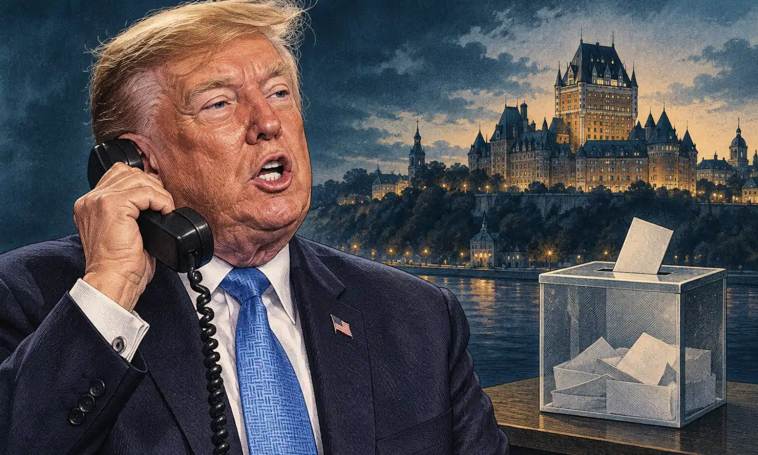 Ritratto editoriale di Donald Trump accanto a un’urna elettorale stilizzata.