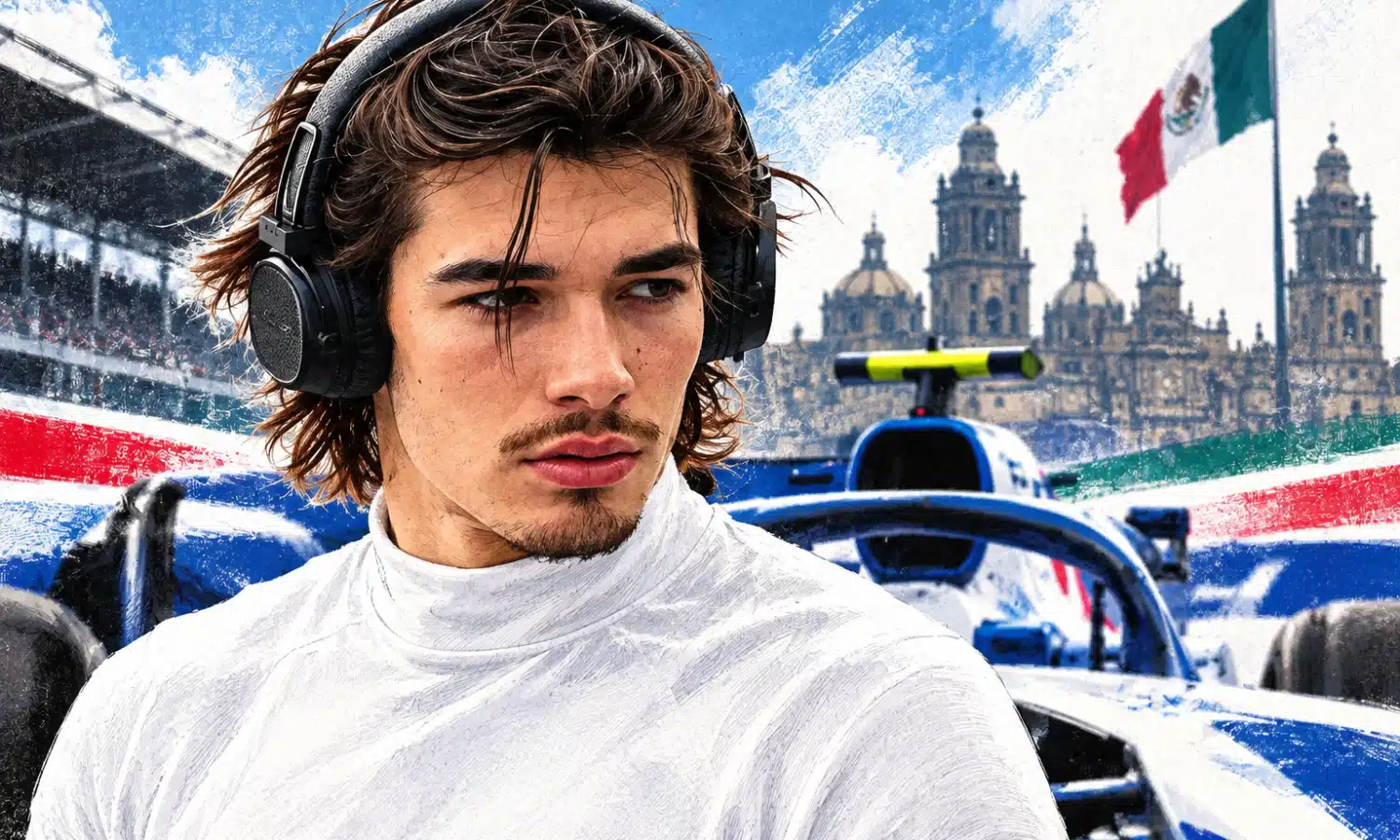 Illustrazione editoriale con un ritratto ravvicinato di Nikola Tsolov e il profilo essenziale di una monoposto di Formula 1 sullo sfondo.