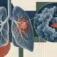 Polmoni stilizzati con un nodulo e un ingrandimento della proteina KRAS G12C accanto a un elemento geometrico arancione.