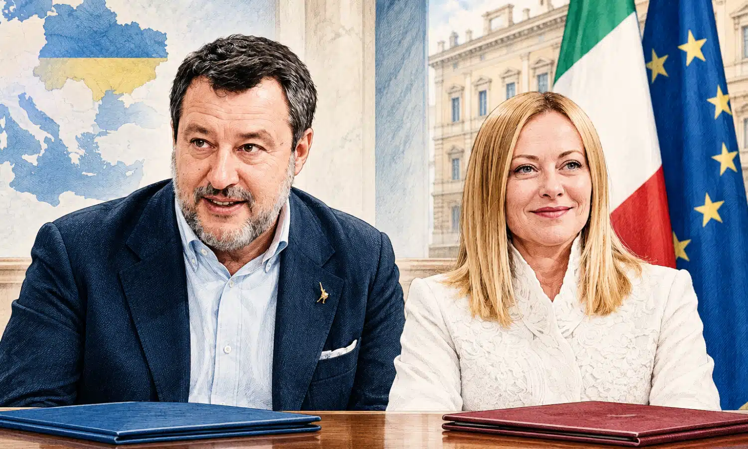 Illustrazione editoriale di Matteo Salvini e Giorgia Meloni affiancati in un ambiente istituzionale, con due fascicoli chiusi in primo piano.