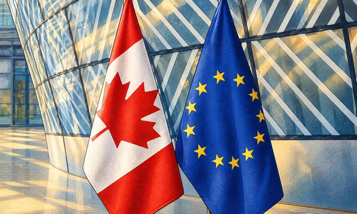 Le bandiere del Canada e dell’Unione europea in primo piano davanti a un edificio vetrato.