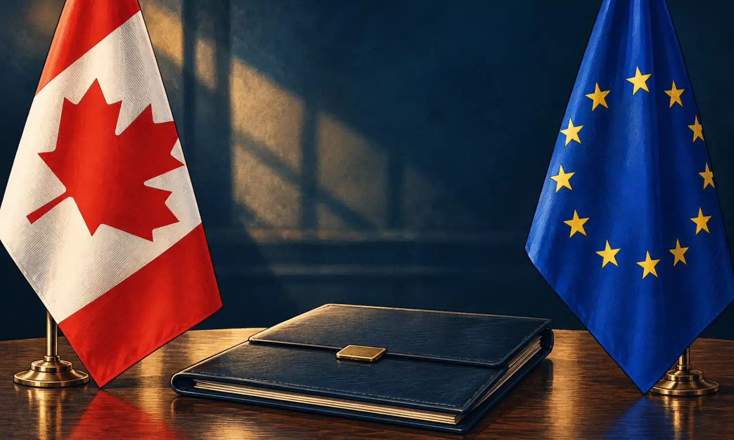 Illustrazione editoriale con le bandiere canadese ed europea ai lati di una cartella diplomatica chiusa.