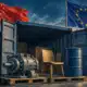 Un container con un componente di macchinario, una sedia e un fusto chiuso; sullo sfondo le bandiere cinese ed europea.