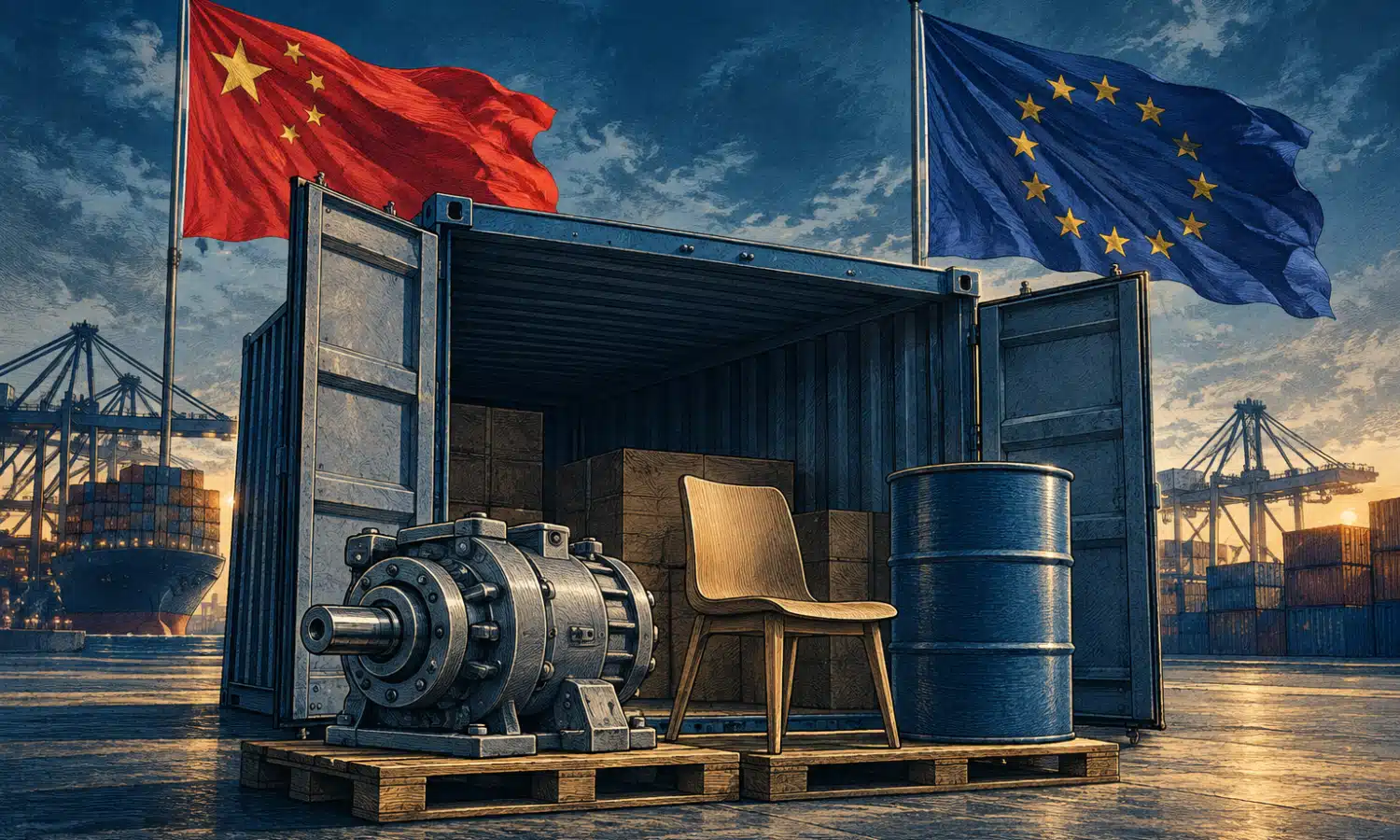 Un container con un componente di macchinario, una sedia e un fusto chiuso; sullo sfondo le bandiere cinese ed europea.
