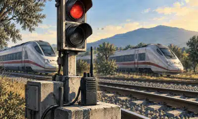 Illustrazione di un segnale ferroviario e di un dispositivo di comunicazione in primo piano, con due treni ad alta velocità sullo sfondo.