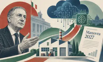 Illustrazione con un uomo in abito, una piccola fabbrica, una nuvola digitale, un chip e un documento «Manovra 2027».