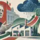 Illustrazione con un uomo in abito, una piccola fabbrica, una nuvola digitale, un chip e un documento «Manovra 2027».