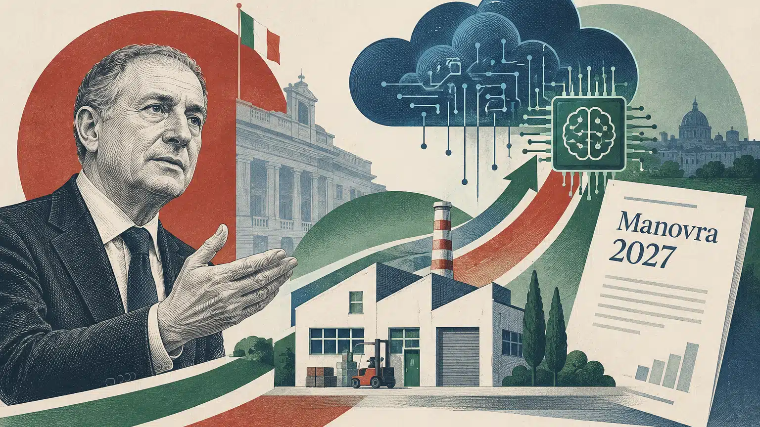 Illustrazione con un uomo in abito, una piccola fabbrica, una nuvola digitale, un chip e un documento «Manovra 2027».