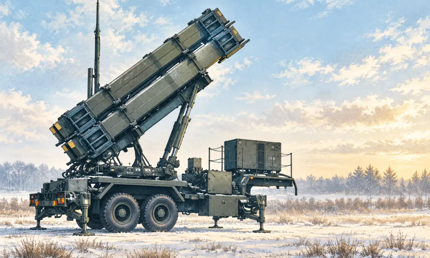 Illustrazione di un sistema di lancio Patriot con i contenitori degli intercettori.