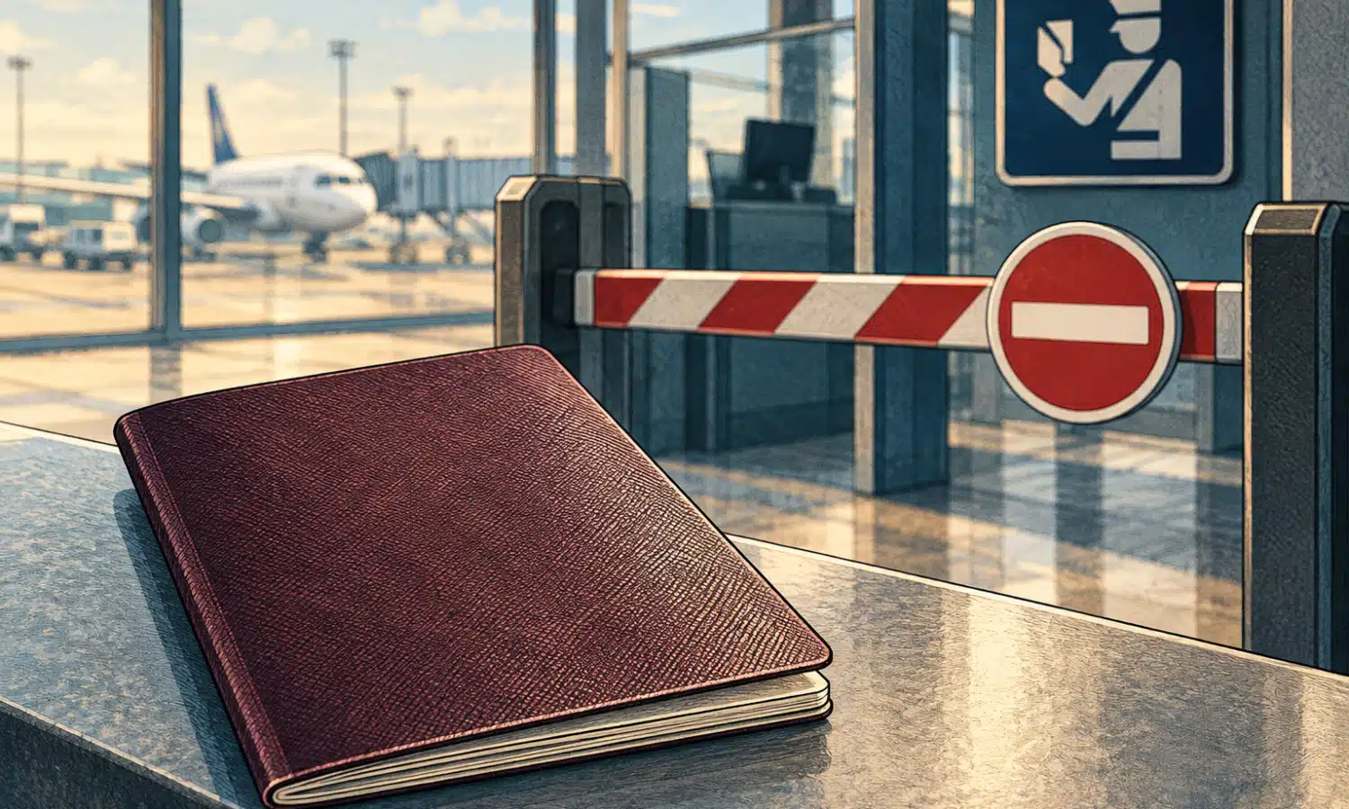 Un passaporto senza scritte riconoscibili davanti a un varco aeroportuale con la barriera abbassata.