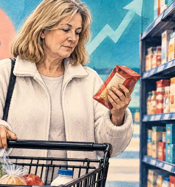 Illustrazione di una consumatrice anonima che valuta un prodotto davanti a uno scaffale di alimentari, con un carrello sullo sfondo.