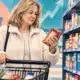 Illustrazione di una consumatrice anonima che valuta un prodotto davanti a uno scaffale di alimentari, con un carrello sullo sfondo.