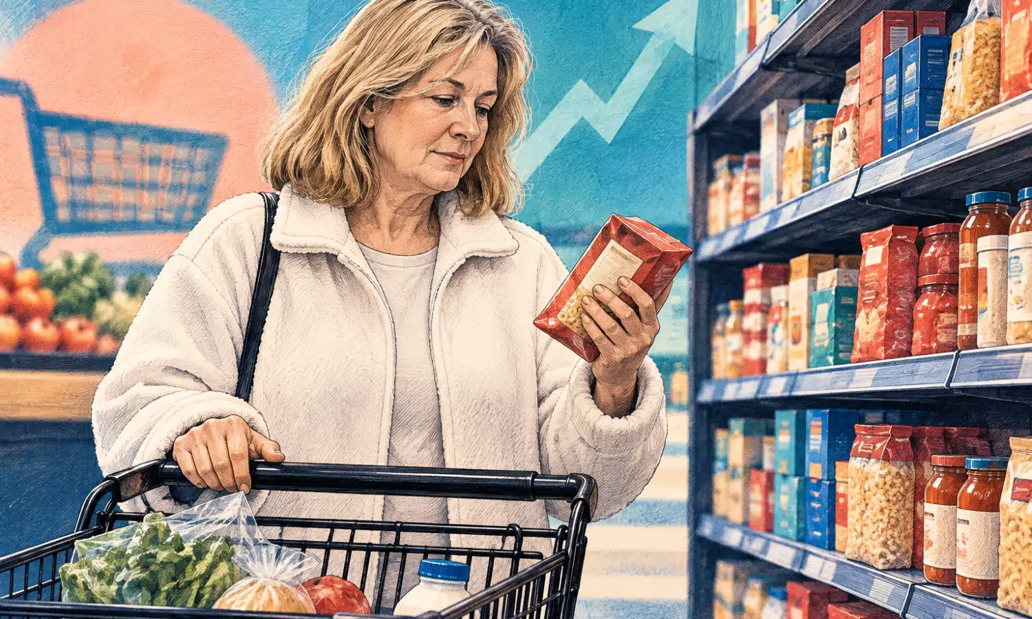 Illustrazione di una consumatrice anonima che valuta un prodotto davanti a uno scaffale di alimentari, con un carrello sullo sfondo.