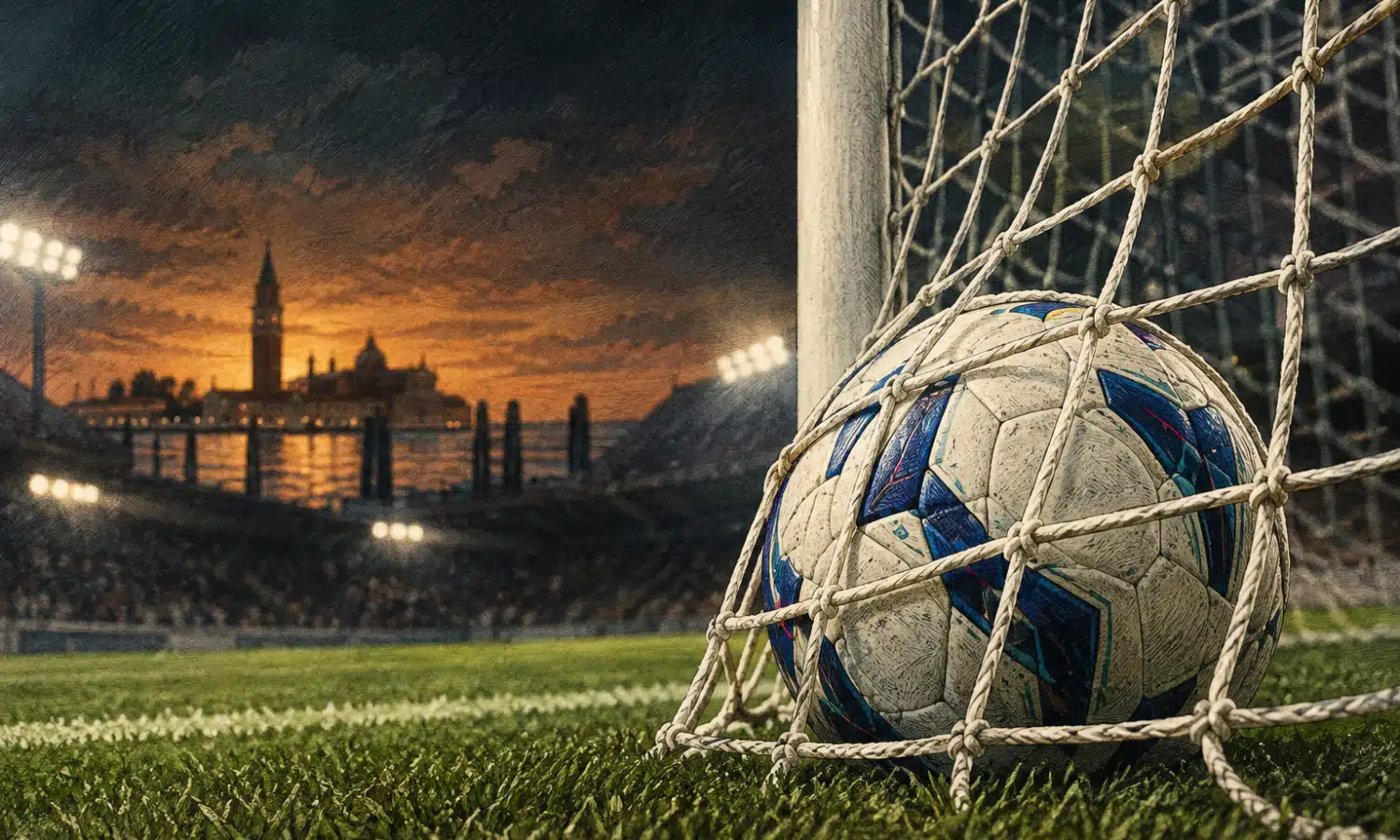 Un pallone fermo nella rete di una porta da calcio, illustrato su uno sfondo scuro di campo.