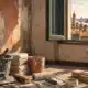 Illustrazione di una stanza spoglia in manutenzione, con attrezzi e materiali da lavoro e, dalla finestra, tetti veneziani appena visibili.