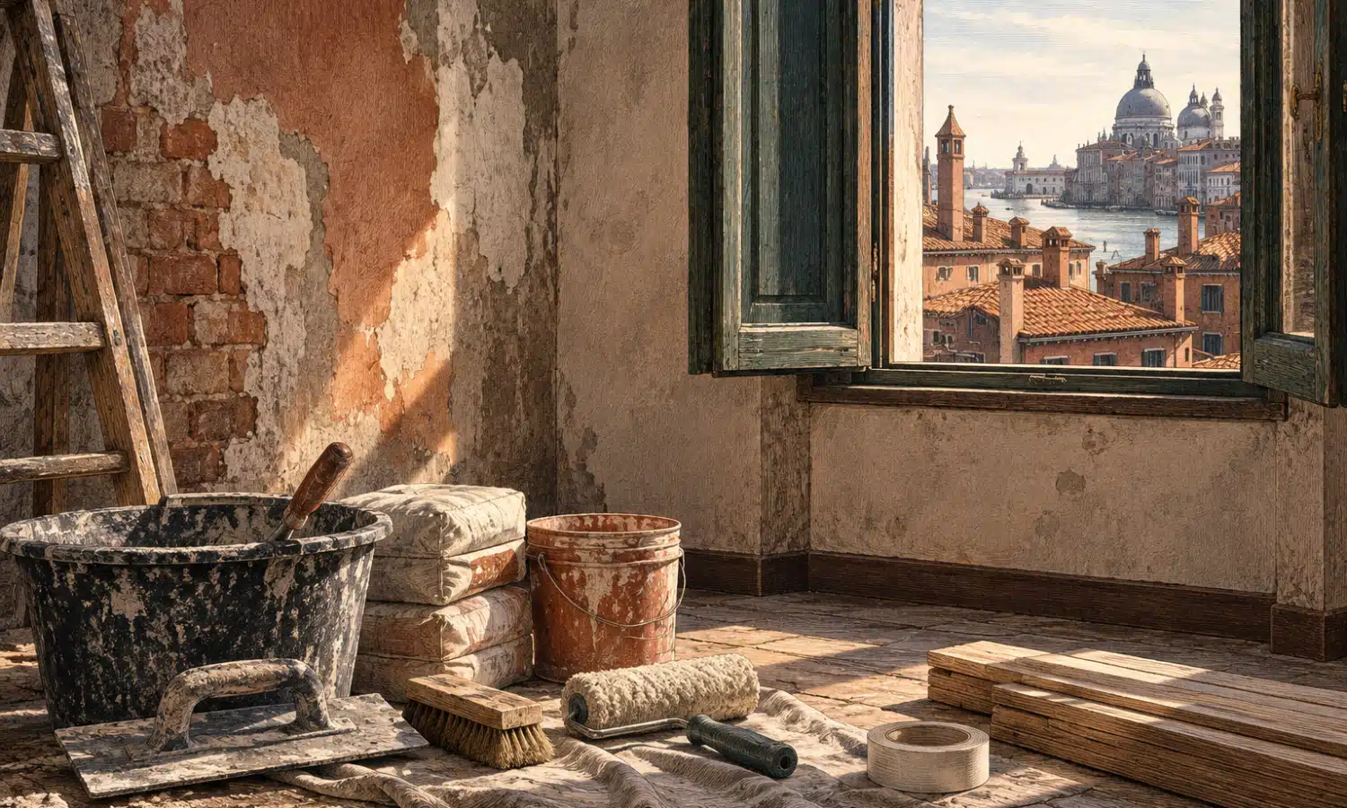 Illustrazione di una stanza spoglia in manutenzione, con attrezzi e materiali da lavoro e, dalla finestra, tetti veneziani appena visibili.