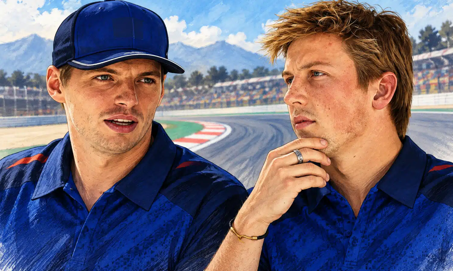 Illustrazione editoriale con i ritratti affiancati dei due piloti mostrati nella foto di riferimento e una curva di pista sullo sfondo.