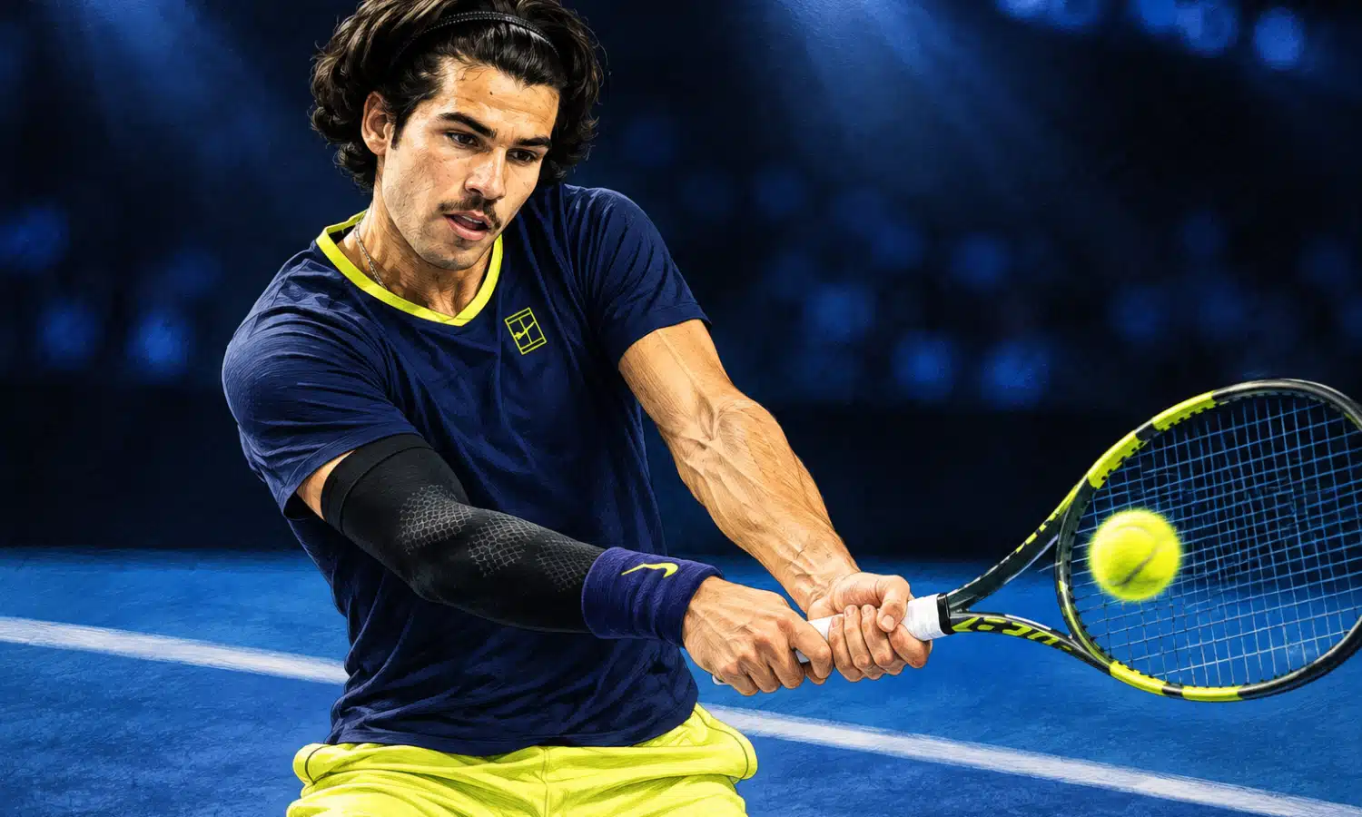 Una racchetta e una palla da tennis su un campo indoor blu, in un’illustrazione dedicata alla vittoria di Alcaraz su Khachanov a Vienna.