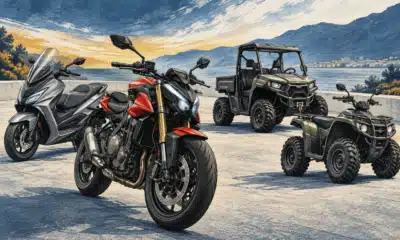 Illustrazione di una naked in primo piano, affiancata da uno scooter, un veicolo utility e un quad.