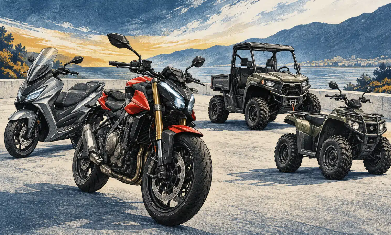 Illustrazione di una naked in primo piano, affiancata da uno scooter, un veicolo utility e un quad.