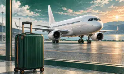 Illustrazione di un aereo di linea generico sulla pista e di una valigia da cabina in primo piano.