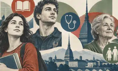 Una giovane con libri, un lavoratore e una donna anziana davanti al profilo di Torino, tra simboli di istruzione, sanità e pensioni.