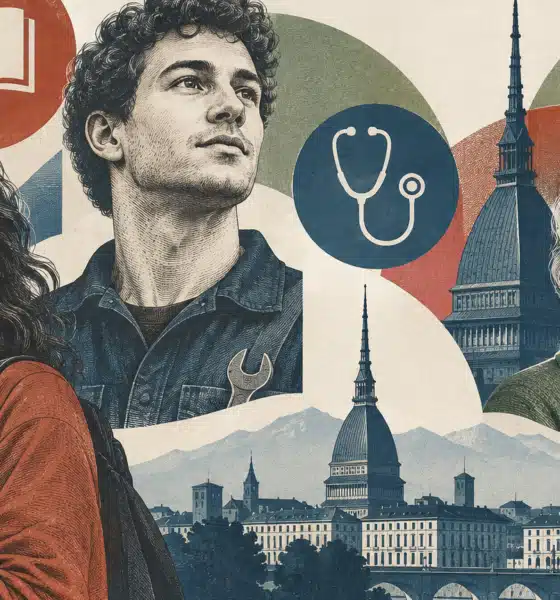 Una giovane con libri, un lavoratore e una donna anziana davanti al profilo di Torino, tra simboli di istruzione, sanità e pensioni.