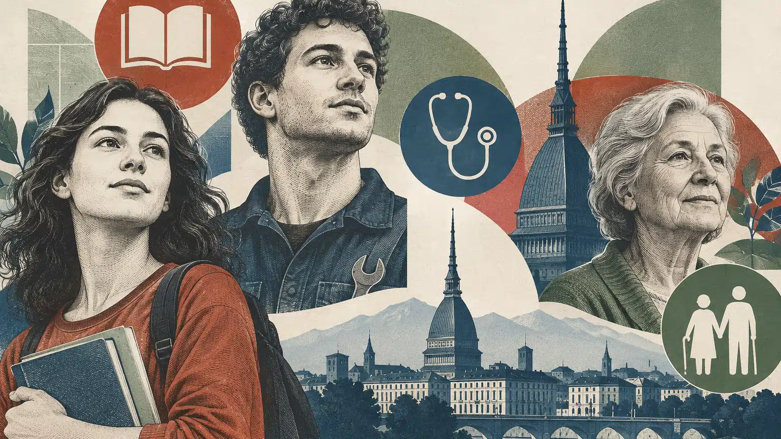 Una giovane con libri, un lavoratore e una donna anziana davanti al profilo di Torino, tra simboli di istruzione, sanità e pensioni.