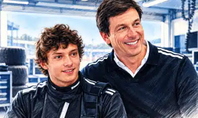 Illustrazione editoriale di Kimi Antonelli in primo piano accanto a Toto Wolff, con un box automobilistico appena accennato sullo sfondo.