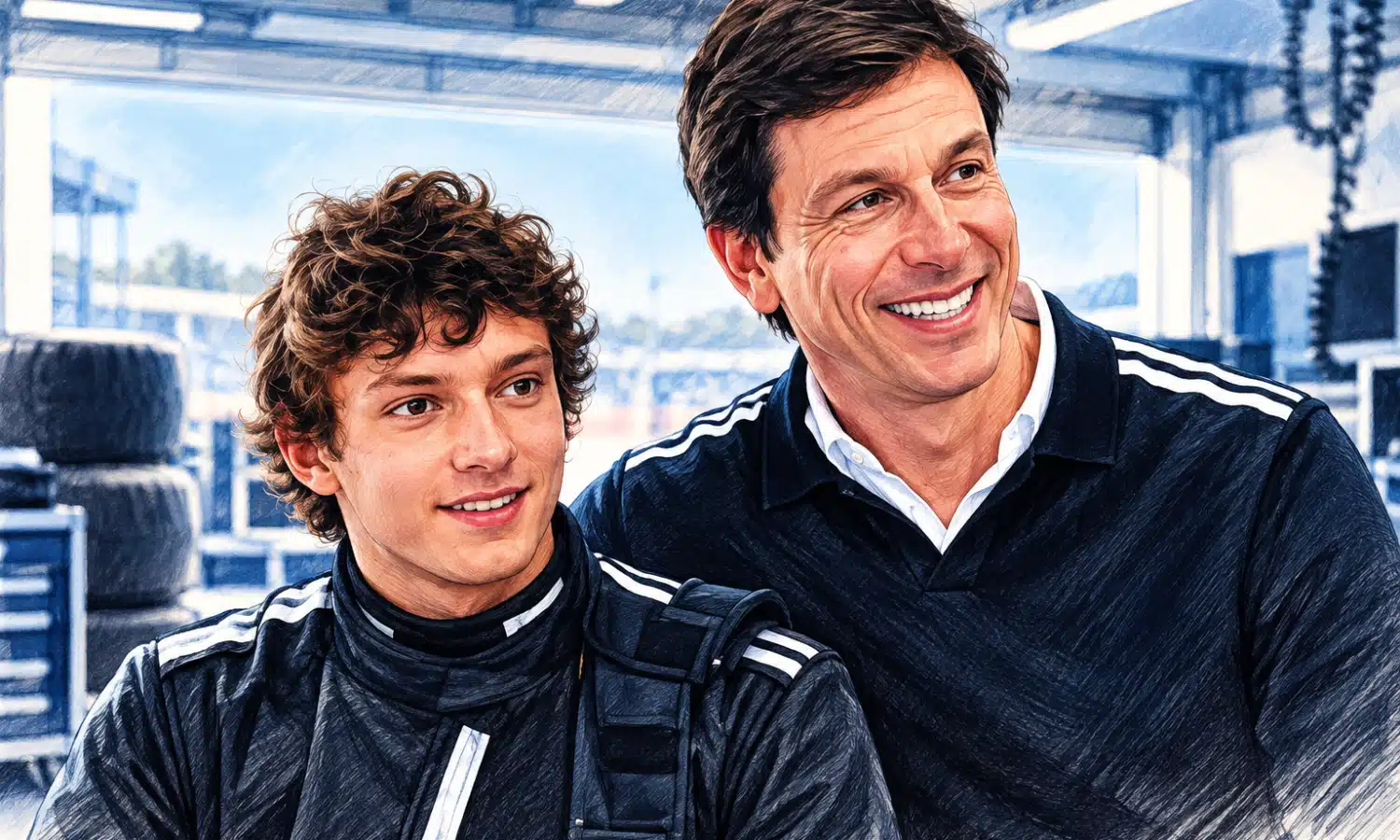 Illustrazione editoriale di Kimi Antonelli in primo piano accanto a Toto Wolff, con un box automobilistico appena accennato sullo sfondo.