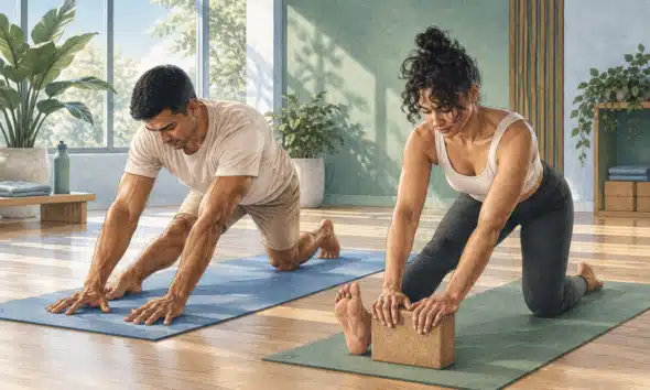 Illustrazione di due giovani adulti impegnati, con pari rilievo, in una postura yoga e in un esercizio dolce a corpo libero.