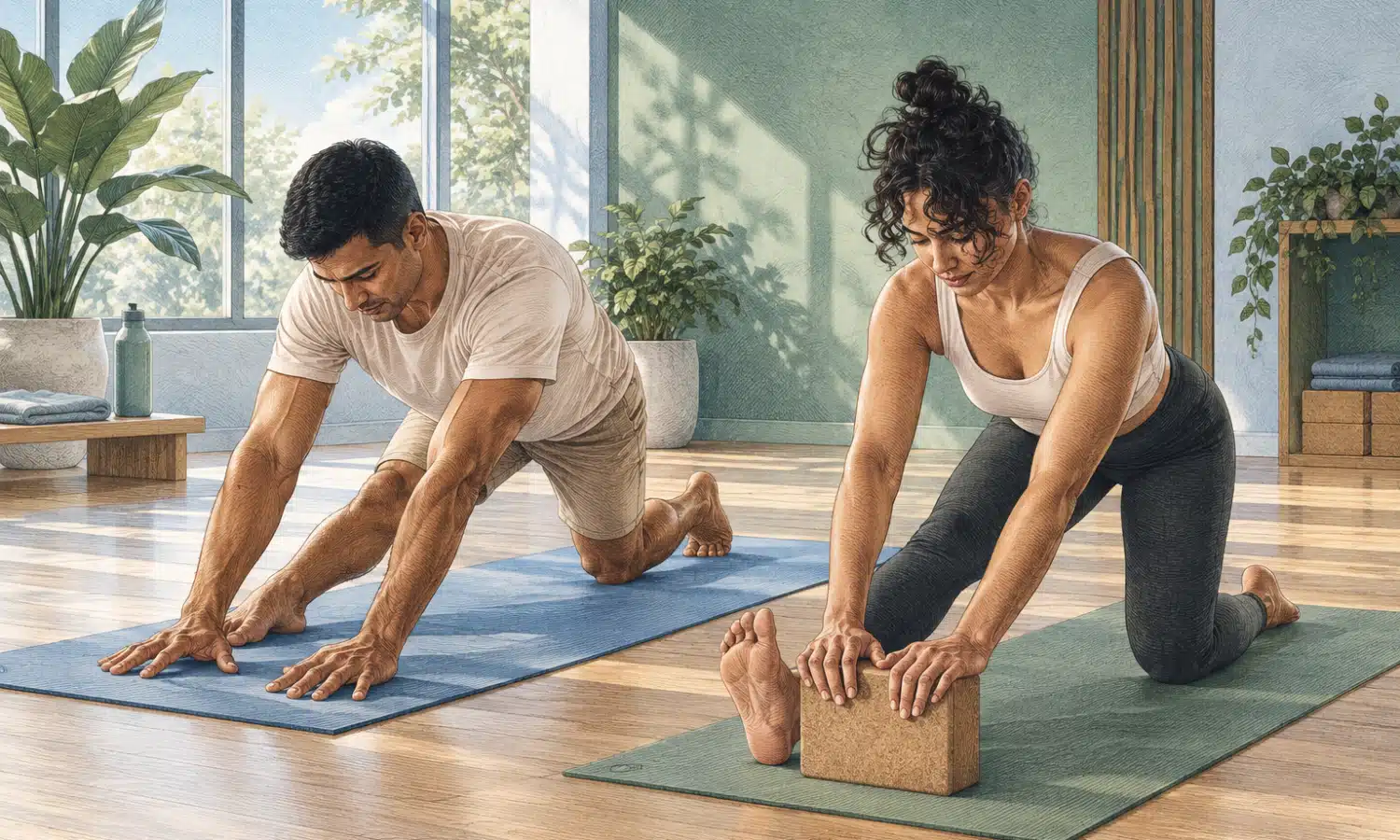Illustrazione di due giovani adulti impegnati, con pari rilievo, in una postura yoga e in un esercizio dolce a corpo libero.