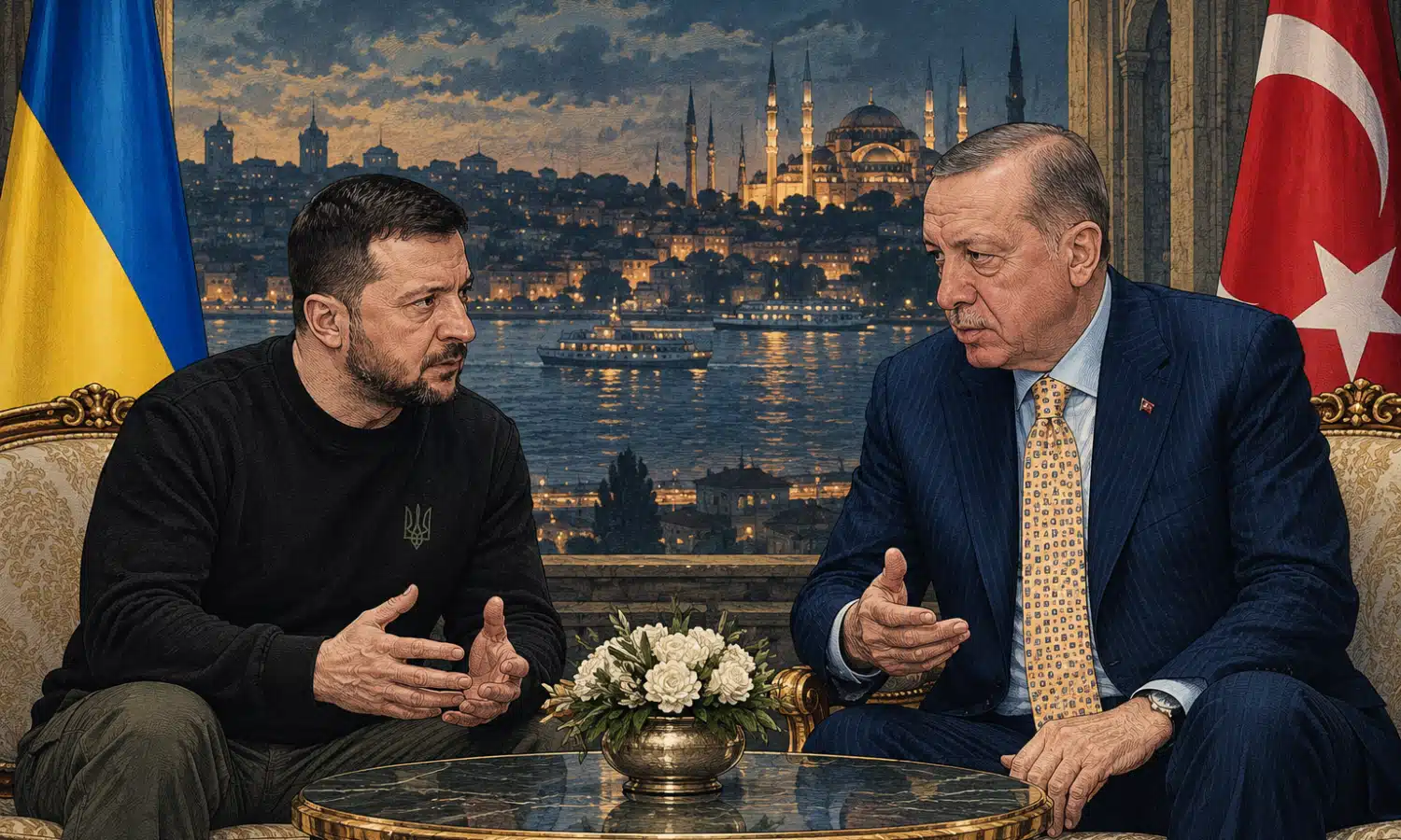 Illustrazione editoriale di Zelensky ed Erdoğan in un contesto diplomatico a Istanbul, con luce selettiva su sfondo blu petrolio.