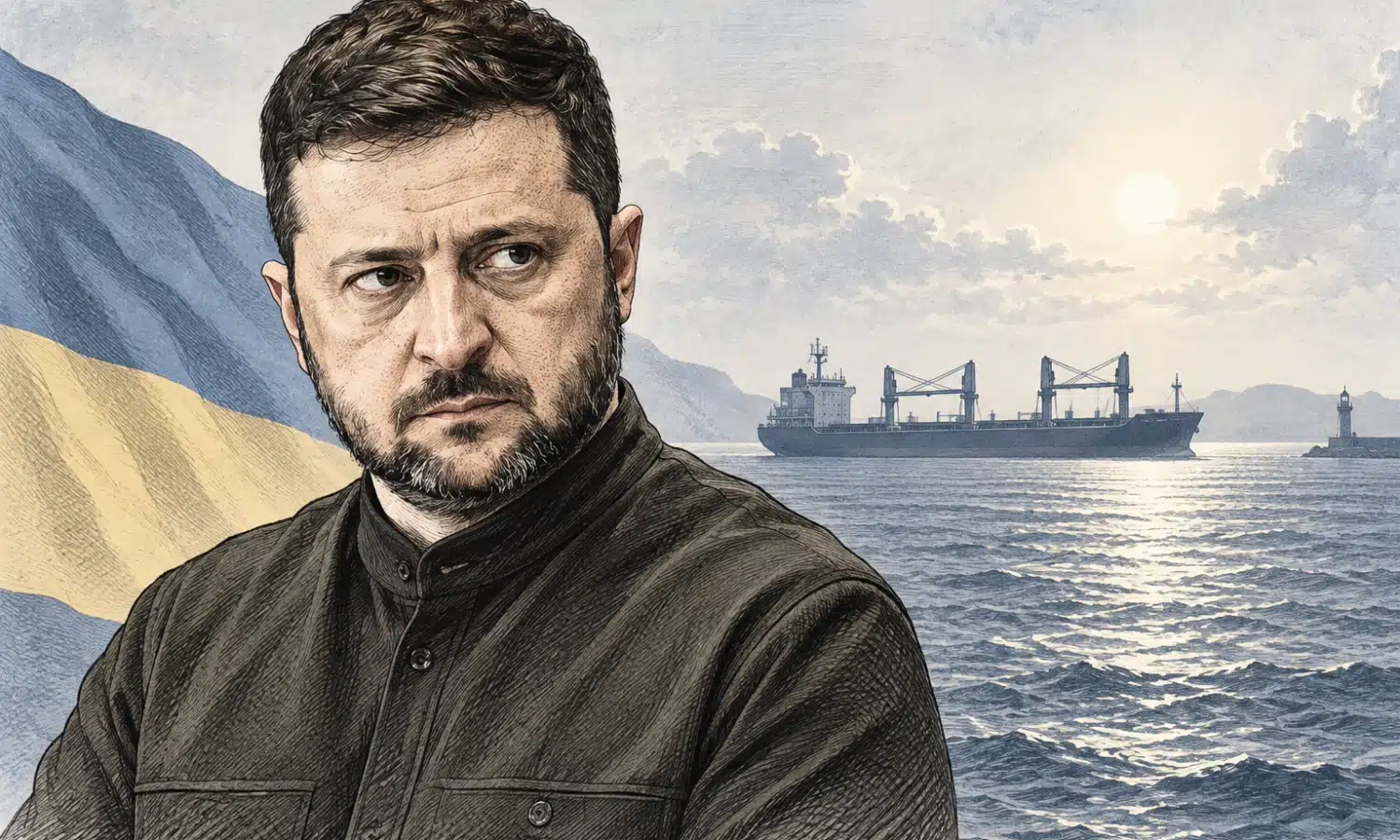 Illustrazione editoriale di Zelensky in primo piano, con una nave mercantile appena accennata sul mare sullo sfondo.